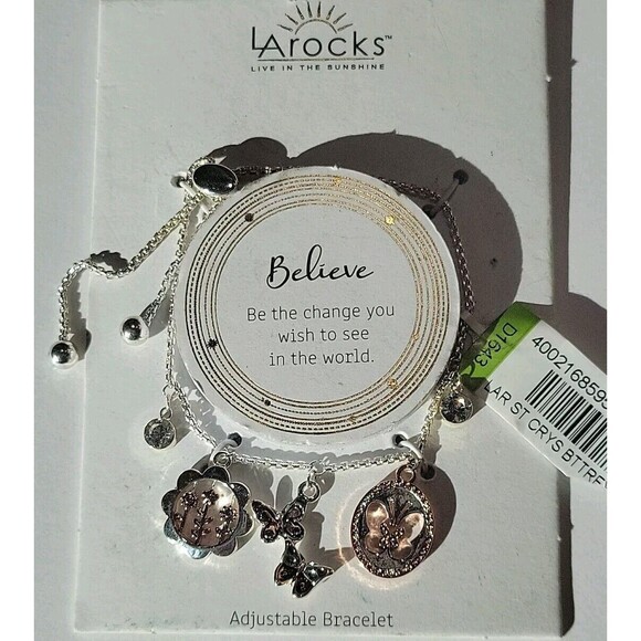 LA Rocks Silver & Rose Gold Tone Crystal Charm Bracelet w/ Butterflies & Flowers - Picture 2 of 6